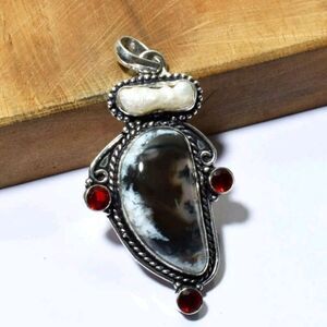 Dendrite Opal Biwa Pearl Ethnic Handmade Pendant Jewelry 2.55"